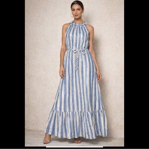 Eva Mendes Maxi Dress XL Blue White Stripe Metallic Thread Cotton Halter Boho